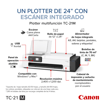 90148 - Plotter Canon imagePROGRAF TC-21 M de 24 con Sistema Inyección de Tinta Continua y Escaner de Cama Plana