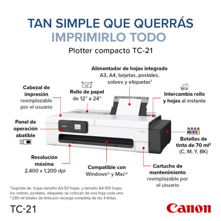 87370 - Plotter Canon imagePROGRAF TC-21 de 24" con Sistema Inyección de Tinta Continua