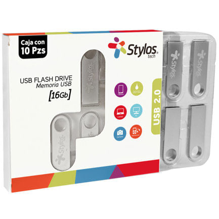 85760 - Kit 10 Memorias USB Stylos ST100 16GB Conexion Tipo A 2 0 Metalica Plata